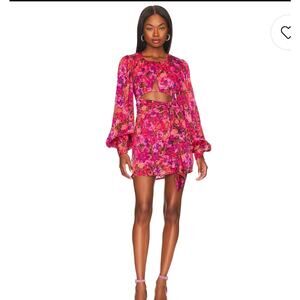 For Love‎ and lemons Dress- Size Small- cutout long sleeve satin mini ruffle